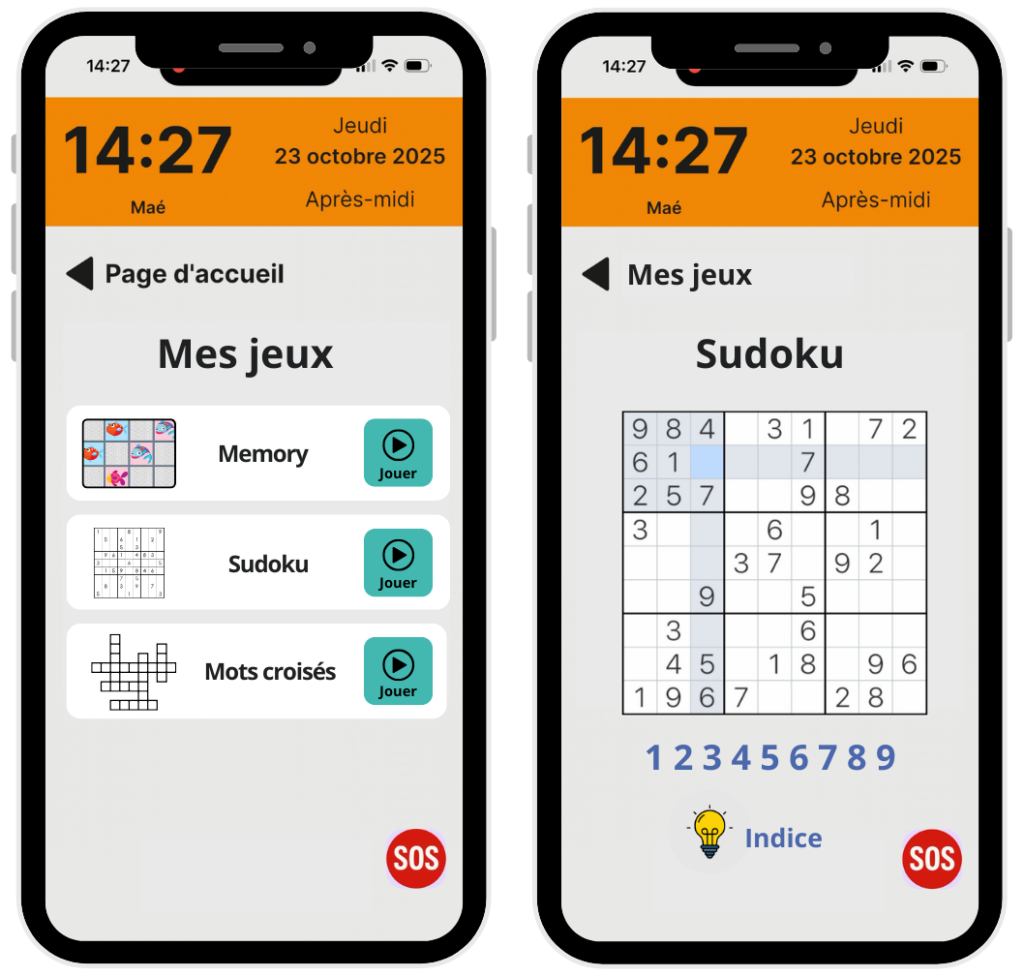 Capture d'écran de la fonctionnalités "Mes jeux", 2 téléphone avec le choix entre 3 jeux (memory, sudoku, mots croisés)