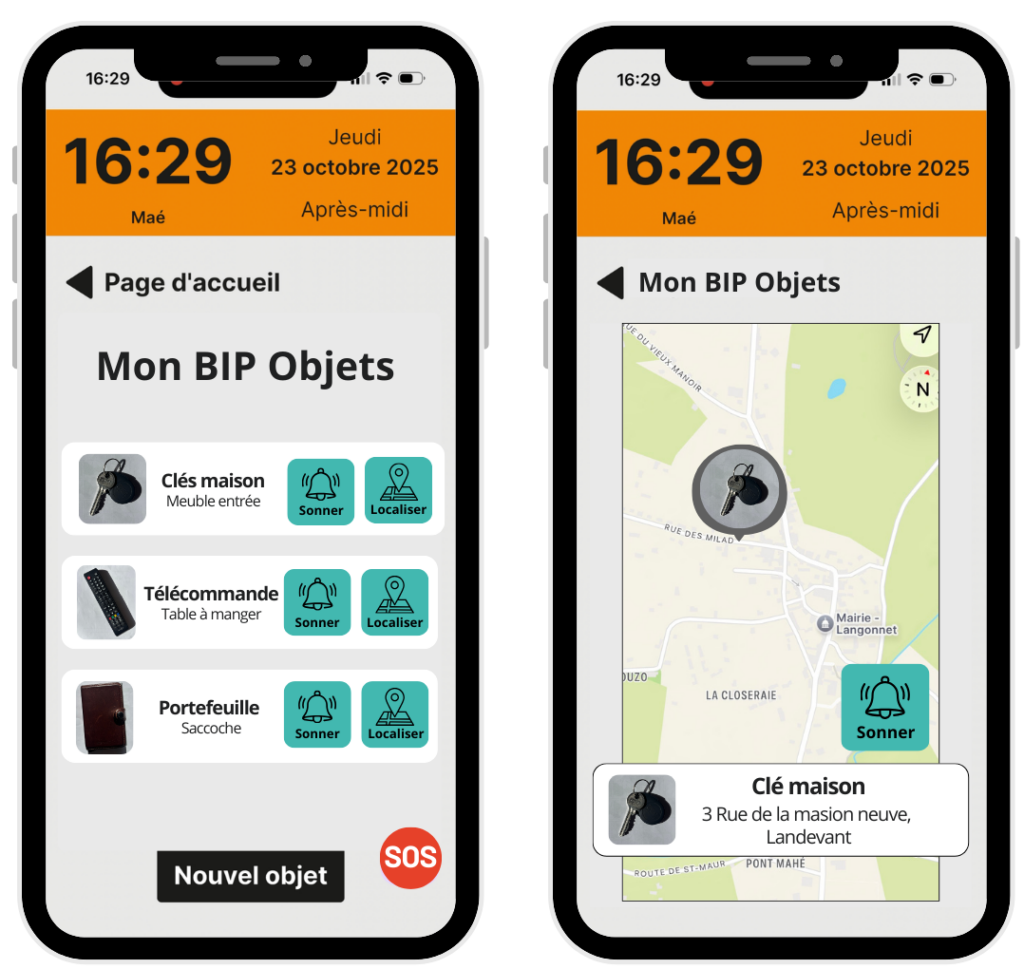 Capture d'écran de la fonctionnalités "Mon BIP Objets", 2 téléphone avec la liste des objets (clés, portefeuille...) et des bouton pour les faire sonner ou les localiser et sur le deuxième écran les clés sur une carte avec l'dresse ou elles sont. 