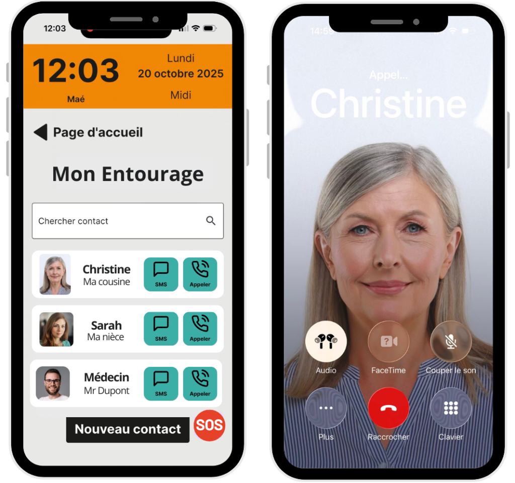 Capture d'écran de la fonctionnalités "mon entourage", 2 téléphone avec une liste des contacts du téléphone, leurs photos, nom et ce qu'il représente (exemple : ma cousine) et des boutons apple et SMS