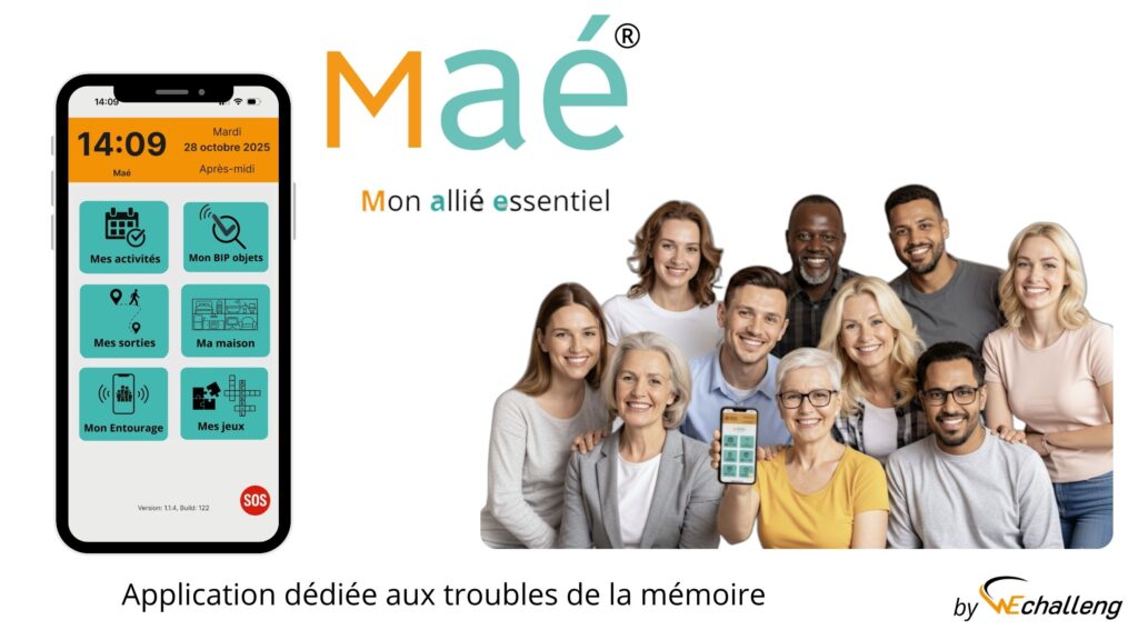 Maé® mon allié essentiel, avec une photo d'un groupe de personne de tout âge avec un téléphone Maé®, application dédiée aux trouble de la mémoire.