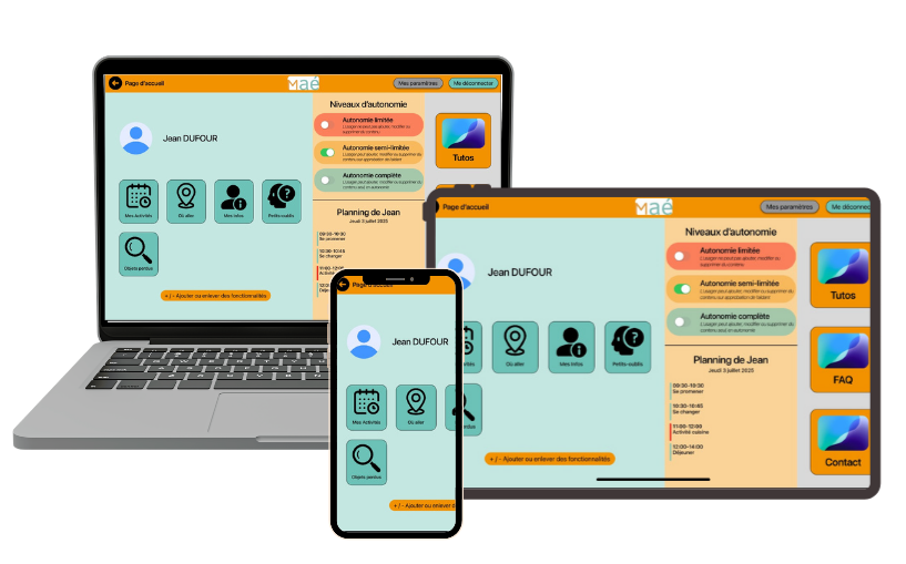 Interface aidant sur ordinateurs, téléphone et tablette pour gérer le compte usager avec les différentes fonctionnalisées choisis.