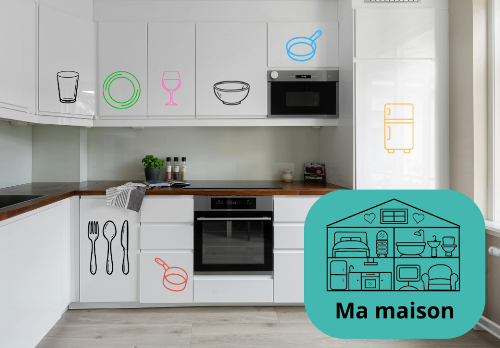une cuisine avec des logos sur les portes de placard pour savoir ce qu'il y a dedans le logo de ma maison