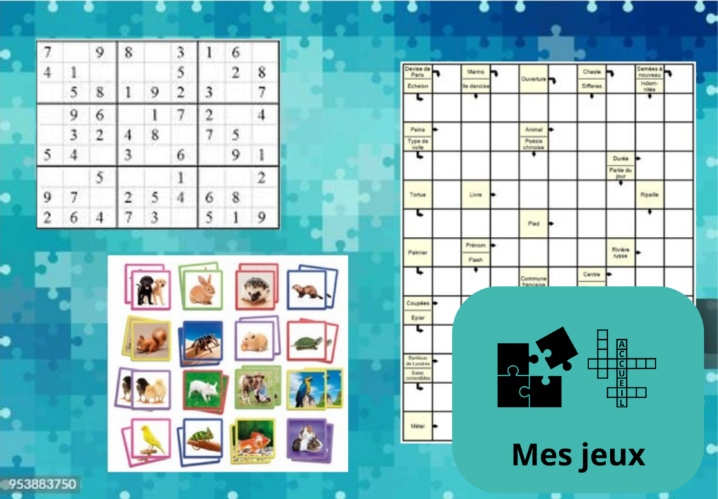 En haut à gauche : un sudoku, en bas à gauche : un memory, à droite : une grille de mots fléchés. Le logo de mes jeux
