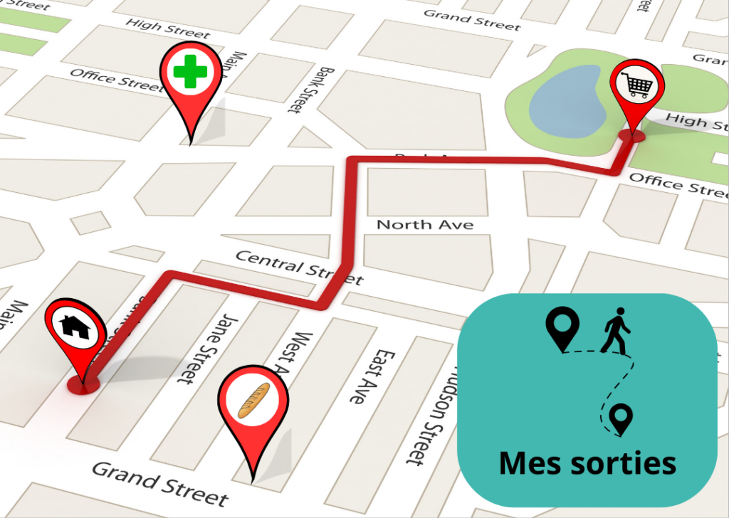 Carte avec des points sur des lieux important et un trait qui relie 2 de ses lieux. Le logo mes sorties