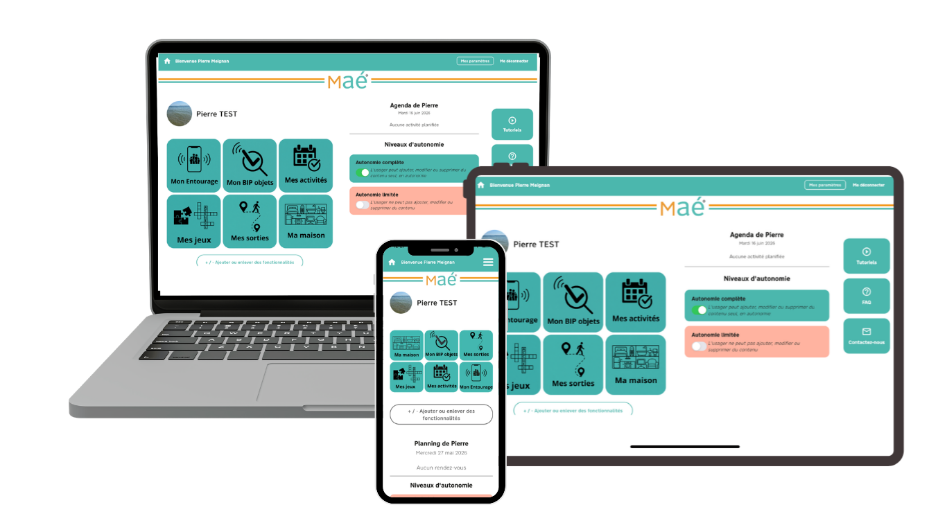 Interface aidant de l'application Maé® affichée sur ordinateur, tablette et téléphone, permettant de suivre et accompagner un proche atteint de troubles de la mémoire
